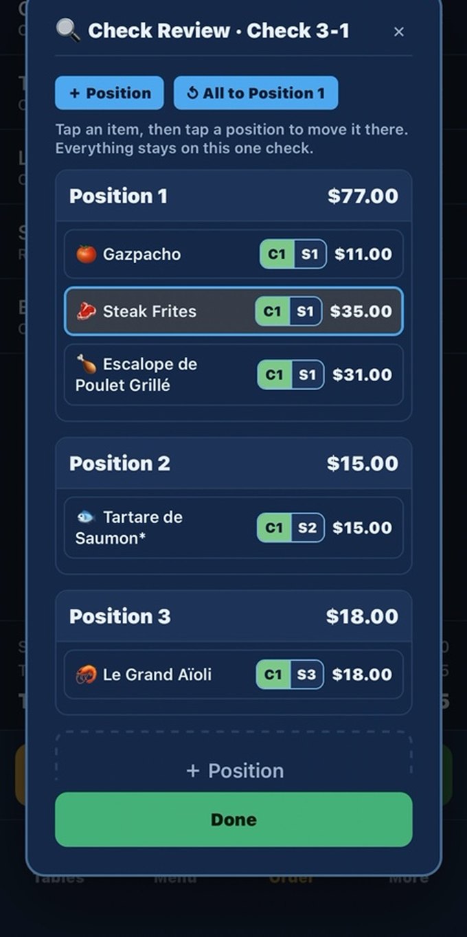 Splitting a check across three seat positions on an iPhone